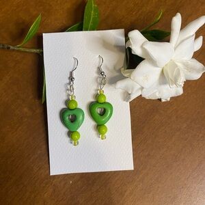 Green Heart Bead Earrings with Silver Hooks